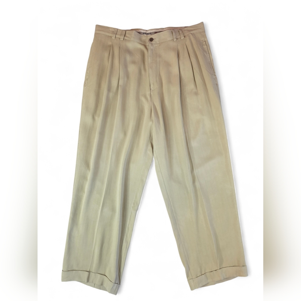 Vintage Tommy Bahama Silk Pleated Dress Pants Tan Khaki Cuffed Men’s 38 90s/Y2k
